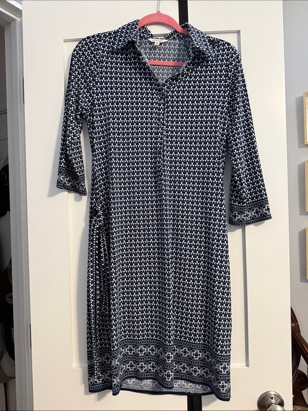 Max Studio Navy and White Printed Shirt Dress